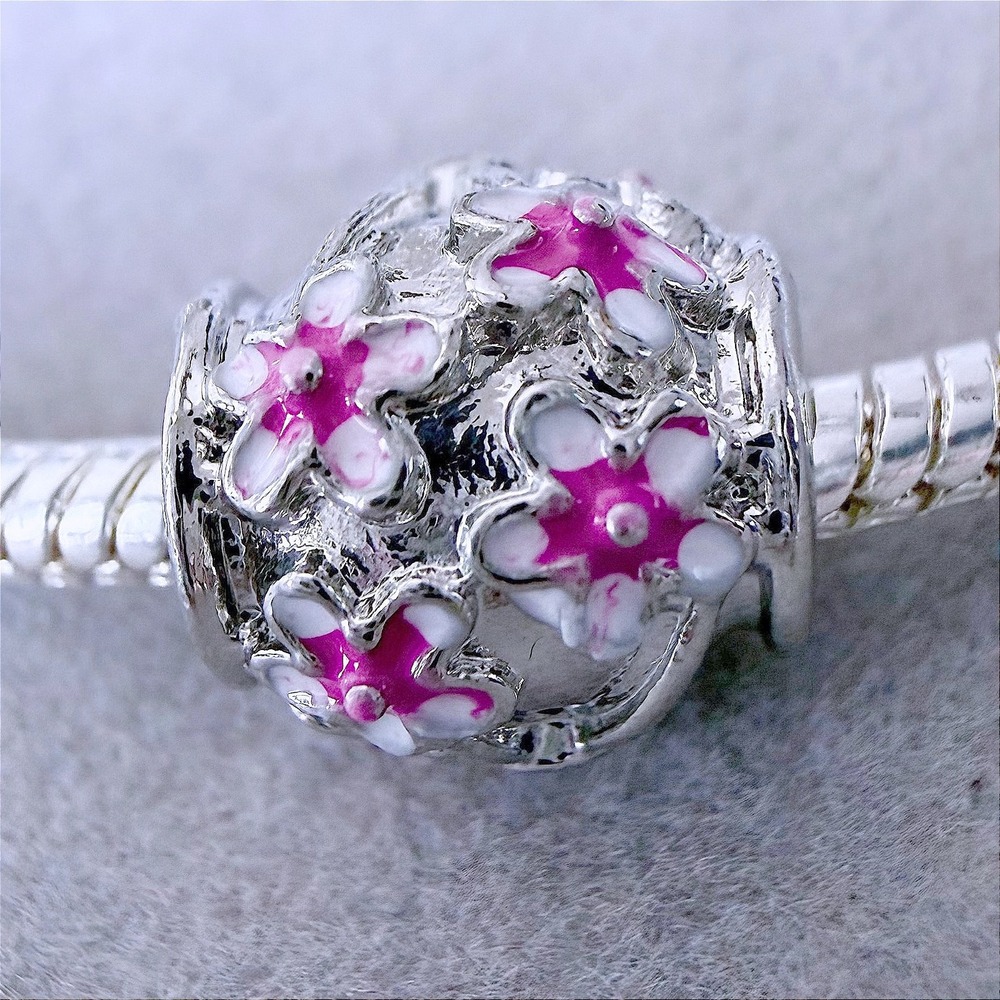 Pink Cherry Blossom Flower Enamel Bead Charm fits PANDORA